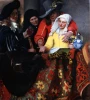 Reprodukcja The Procuress , Johannes Vermeer - Wzór graficzny. Postacie w strojach z epoki, kolorowe tkaniny i naczynia