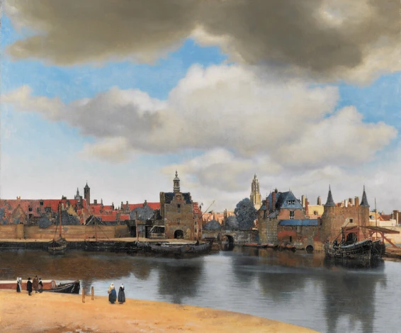 Reprodukcja View of Delft , Johannes Vermeer - Wzór graficzny. Obraz przedstawia miasto z rzeką, budynkami i chmurami