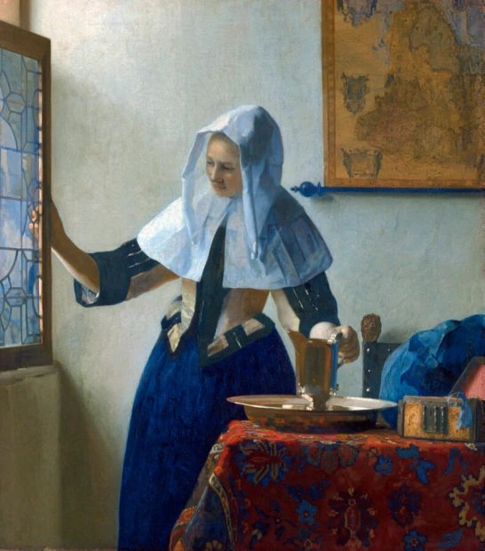 Reprodukcja Young Woman with a Water Pitcher, Johannes Vermeer - Aranżacja w jasnym pomieszczeniu. Ściany w neutralnych