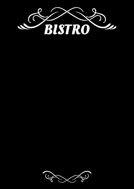 Tablica kredowa z nadrukiem napisu BISTRO i ozdobnych ornamentów na czarnym tle