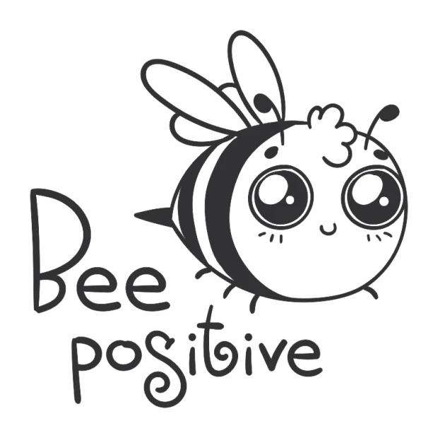 Naklejka na ścianę bee positive 2419 - Wzór graficzny. Grafika przedstawia uśmiechniętą pszczołę z dużymi oczami obok napisu