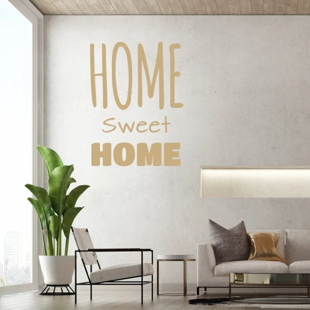 Naklejka na ścianę Home sweet home 2432 - Aranżacja w salonie. Ściany w jasnym kolorze, roślina w doniczce obok mebli