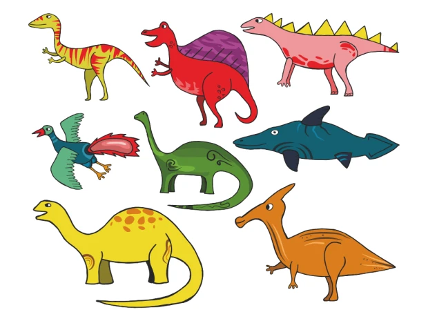 Naklejki na ścianę zestaw dinozaury 2420 - Wzór graficzny. Różne dinozaury w intensywnych kolorach, w różnych pozach