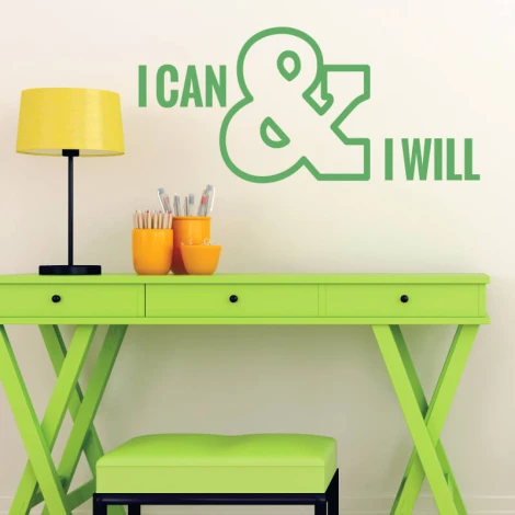 Szablon malarski sentencja I can and I will 2426 - Aranżacja w biurze. Meble w kolorze zielonym, jasne ściany