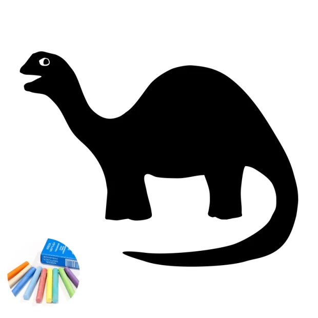Naklejka kredowa w kształcie dinozaura z wyciętym okiem, pokazana na białym tle z kolorową kredą