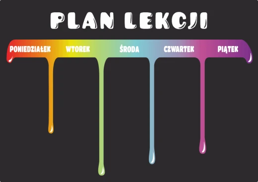 Tablica kredowa z nadrukiem planu lekcji na białym tle z kolorową grafiką spływającej farby