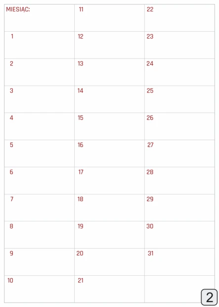 Planer miesiąca tablica suchościeralna 370 - Wzór graficzny. Prosty układ z siatką dni i numerami w czerwonym kolorze