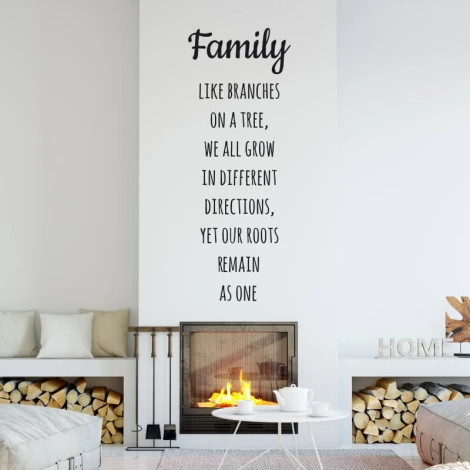 Naklejka dekoracyjna sentencja Family like branches on a tree 2436 - Aranżacja w salonie. Ściany w jasnym kolorze