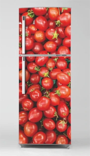 Okleina na lodówkę naklejka pomidory P1019 - Wzór graficzny. Grafika przedstawia liczne, czerwone pomidory w różnych