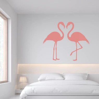 Szablon na ścianę flamingi 2438 - Aranżacja w sypialni. Ściany w jasnym kolorze, minimalistyczne meble