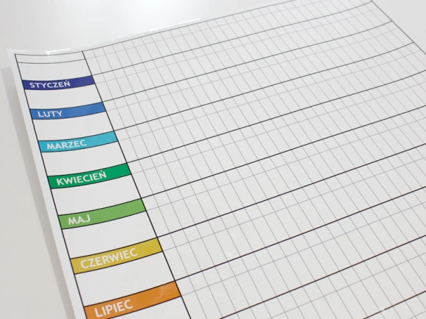 Tablica suchościeralna lean planer roczny 040 - Wzór graficzny. Prosty układ z poziomymi i pionowymi liniami oraz kolorowymi