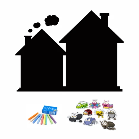 Tablica magnetyczna kredowa domy 261 - Wzór graficzny. Dwie czarne sylwetki domów z chmurką oraz kolorowe rysunki owadów