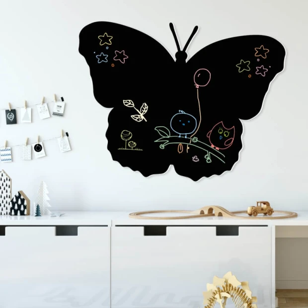 Tablica magnetyczna kredowa motyl 003 - Wzór graficzny. Motyl z kolorowymi rysunkami, liśćmi i balonem