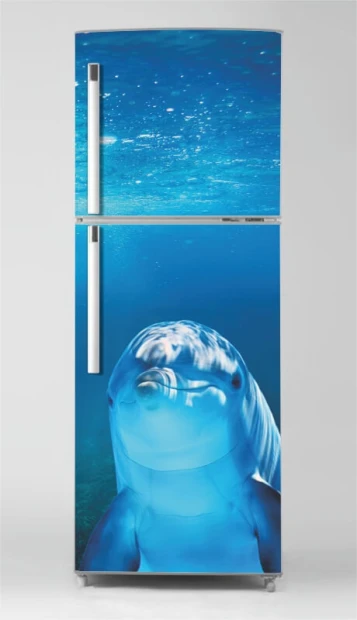 Okleina na lodówkę naklejka delfin P1093 - Wzór graficzny. Delfin w odcieniach niebieskiego na tle wody