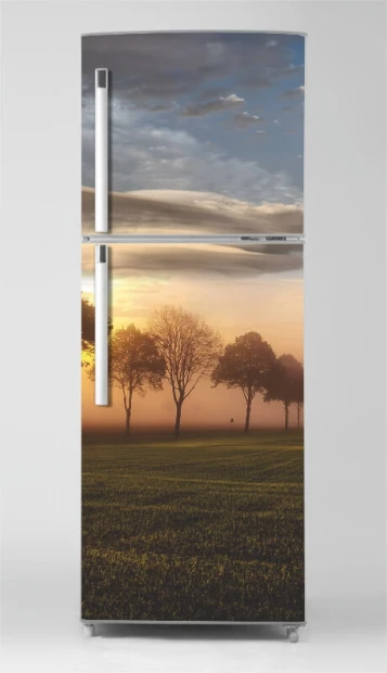 Okleina na lodówkę naklejka drzewa P1085 - Wzór graficzny. Grafika przedstawia drzewa na tle zachodzącego słońca i chmur