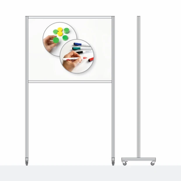 Tablica magnetyczna suchościeralna jezdna 120 x 90 cm - Wzór graficzny. Biała powierzchnia z okrągłymi elementami w kolorze