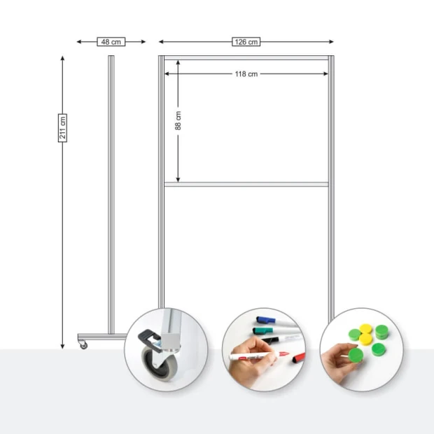 Tablica magnetyczna suchościeralna jezdna 120 x 90 cm - Wzór graficzny. Prosta konstrukcja z wymiarami i elementami