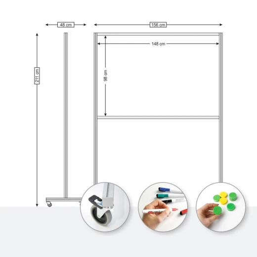 Tablica magnetyczna jezdna na infografice z wymiarami konstrukcji i detalami kółka oraz akcesoriów