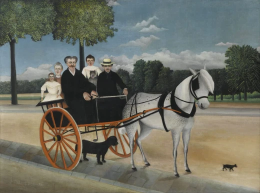 Reprodukcja obrazu Henriego Rousseau pod tytułem La Carriole du père Junier przedstawiająca ludzi w powozie