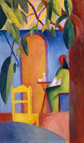 Reprodukcja Tuerkisches Cafe, August Macke - Wzór graficzny. Postać siedząca przy stole, kolorowe tło, liście w górnej