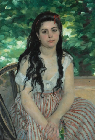 Reprodukcja En ete - La bohemienne, Renoir Auguste - Wzór graficzny. Postać kobiety w białej bluzce i pasiastych spodniach