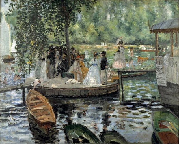 Reprodukcja La Grenouillere, Renoir Auguste - Wzór graficzny. Scena z ludźmi na pomoście, woda i łodzie w tle
