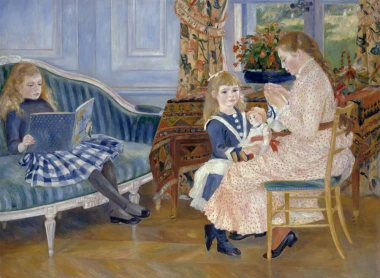 Reprodukcja Lapres-midi des enfants a Wargemont, Renoir Auguste - Aranżacja w salonie. Jasne ściany, zasłony w kwiaty, meble