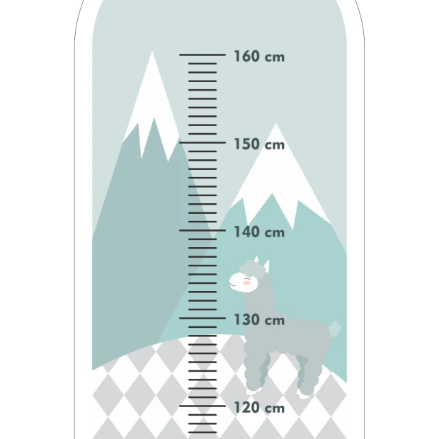 Naklejka dla dzieci miarka wzrostu miś 2462 - Wzór graficzny. Grafika przedstawia alpaki na tle gór oraz linie pomiarowe
