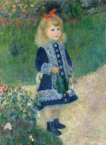 Reprodukcja A Girl with a Watering Can, Auguste Renoir - Wzór graficzny. Obraz przedstawia dziewczynkę w niebieskiej