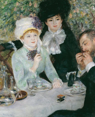 Reprodukcja After the Luncheon, Renoir Auguste - Wzór graficzny. Trzy postacie przy stole, w tle zieleń i kwiaty