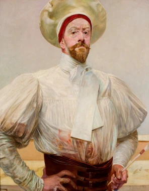 Reprodukcja Autoportret w bialym, Jacek Malczewski - Wzór graficzny. Mężczyzna w białej koszuli z szerokimi rękawami