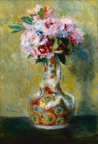 Reprodukcja Bouquet in a Vase, Renoir Auguste - Wzór graficzny. Kwiaty w wazonie na tle w kolorze żółtym