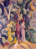 Reprodukcja Couple on the Forest Track, August Macke - Wzór graficzny. Dwie postacie wśród kolorowych drzew i krzewów