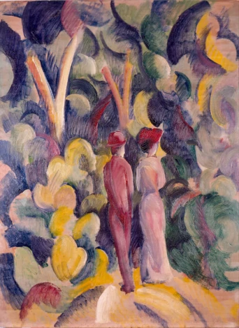 Reprodukcja Couple on the Forest Track, August Macke - Wzór graficzny. Dwie postacie wśród kolorowych drzew i krzewów