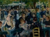 Reprodukcja Dance at Le Moulin de la Galette, Renoir Auguste - Aranżacja w kawiarni. Wnętrze z drewnianymi stołami