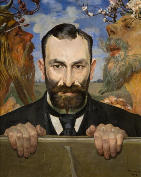 Reprodukcja Feliks Jasienski, Jacek Malczewski - Wzór graficzny. Mężczyzna z brodą trzyma ramę, w tle postacie z brodami