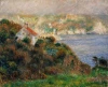 Reprodukcja Fog on Guernsey, Renoir Auguste - Wzór graficzny. Obraz przedstawia krajobraz z domem na wzgórzu, morze i zieleń