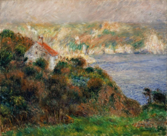 Reprodukcja Fog on Guernsey, Renoir Auguste - Wzór graficzny. Obraz przedstawia krajobraz z domem na wzgórzu, morze i zieleń