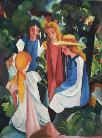 Reprodukcja Four Girls, August Macke - Wzór graficzny. Cztery postacie w kolorowych strojach otoczone zielenią drzew