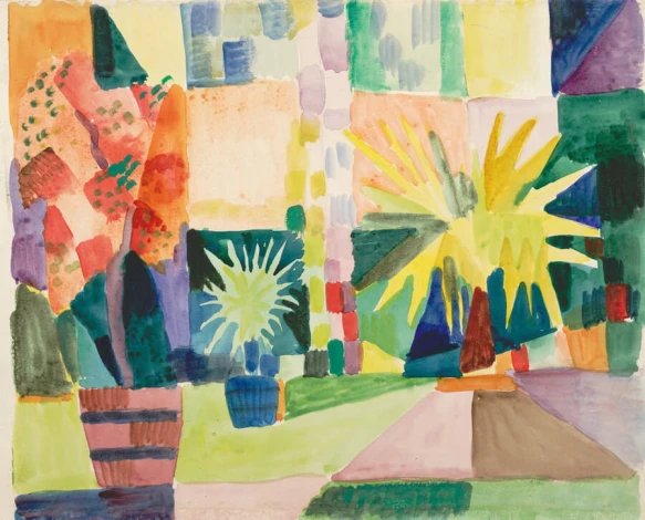 Reprodukcja Garden on Lake Thun, August Macke - Wzór graficzny. Kolorowe plamy przedstawiają roślinność i geometryczne