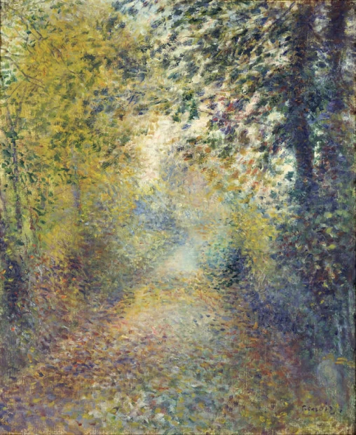 Reprodukcja In the Woods, Renoir Auguste - Wzór graficzny. Obraz przedstawia leśną ścieżkę otoczoną drzewami i kolorowymi