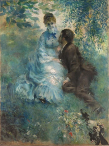 Reprodukcja Lovers , Auguste Renoir - Wzór graficzny. Postacie w romantycznej scenerii, zieleń i kwiaty w tle