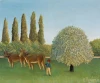 Reprodukcja Meadowland, Henri Rousseau - Wzór graficzny. Na obrazie widać zieloną łąkę, dwa bydła, drzewo i postać