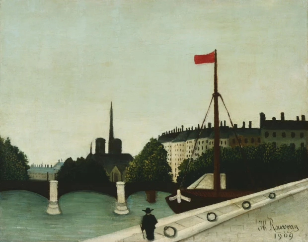 Reprodukcja Notre Dame, Henri Rousseau - Wzór graficzny. Obraz przedstawia rzekę, budynki i postać idącą wzdłuż nabrzeża