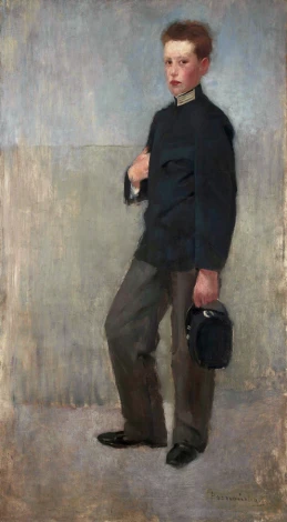 Reprodukcja Portret chłopca w gimnazjalnym mundurku, Olga Boznańska - Wzór graficzny. Chłopiec w mundurze stoi z torbą, tło