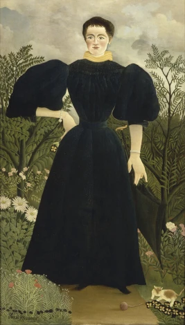Reprodukcja Portrait of Madame M, Henri Rousseau - Wzór graficzny. Postać kobiety w ciemnej sukni na tle zieleni i kwiatów