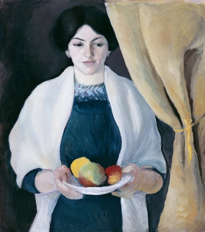 Reprodukcja Portrait with Apples, August Macke - Wzór graficzny. Postać kobiety trzymającej talerz z owocami na ciemnym tle
