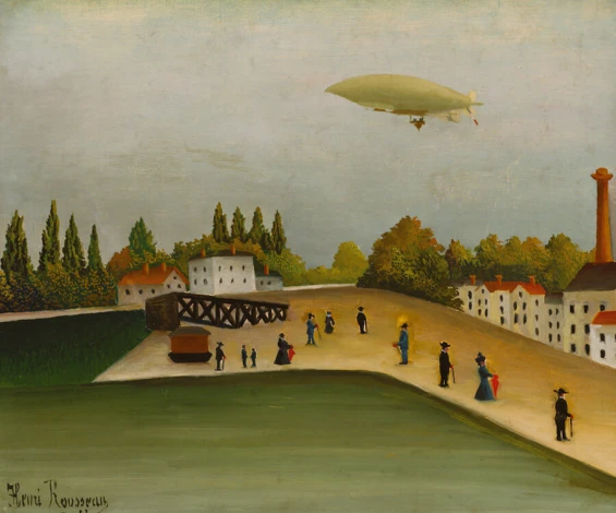 Reprodukcja Quai dIvry, Henri Rousseau - Wzór graficzny. Obraz przedstawia ludzi na drodze, budynki i balon w tle