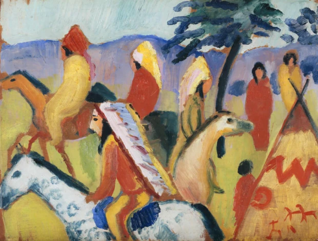 Reprodukcja Reitende Indianer beim Zelt, August Macke - Wzór graficzny. Postacie w kolorowych strojach na koniach, w tle