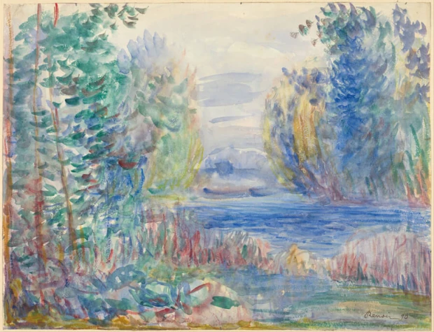 Reprodukcja River Landscape, 1890 Renoir Auguste - Wzór graficzny. Obraz przedstawia rzekę otoczoną drzewami i roślinnością
